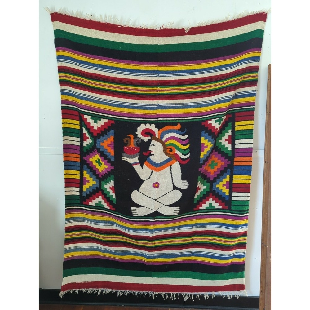VINTAGE 1960'S HAND WOVEN MEXICO MULTICOLOR WOOL‎ BLANKET
